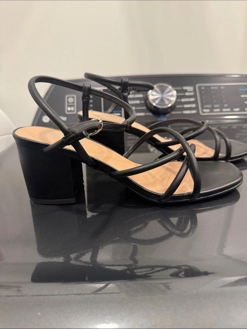 POP Agreeable Black Strappy Square Toe Block Heel Sandals in 10M